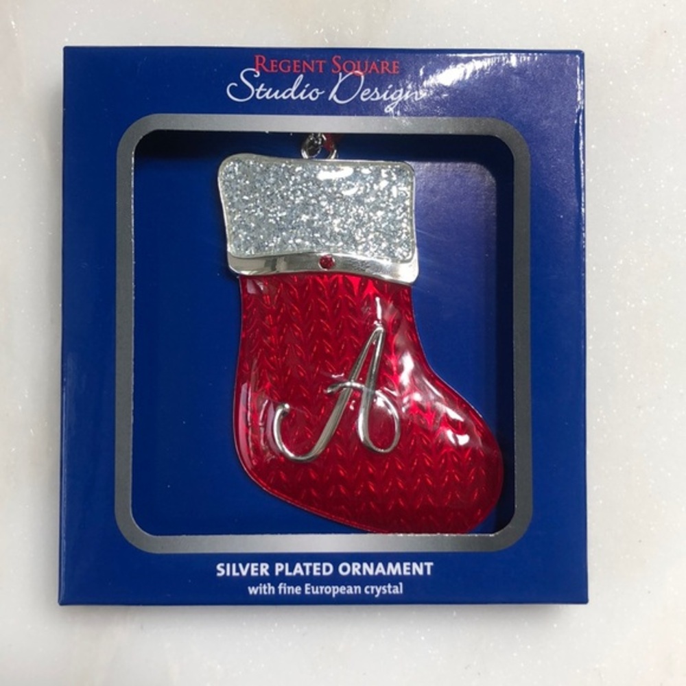 Silver Plated Monogramed Red Stocking Ornament with European Crystals nwt